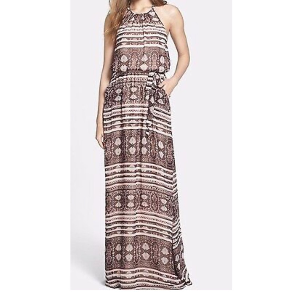 Jessica Simpson Dusty Pink and Tan/Brown Snake Print & Stripe Halter Maxi Dress